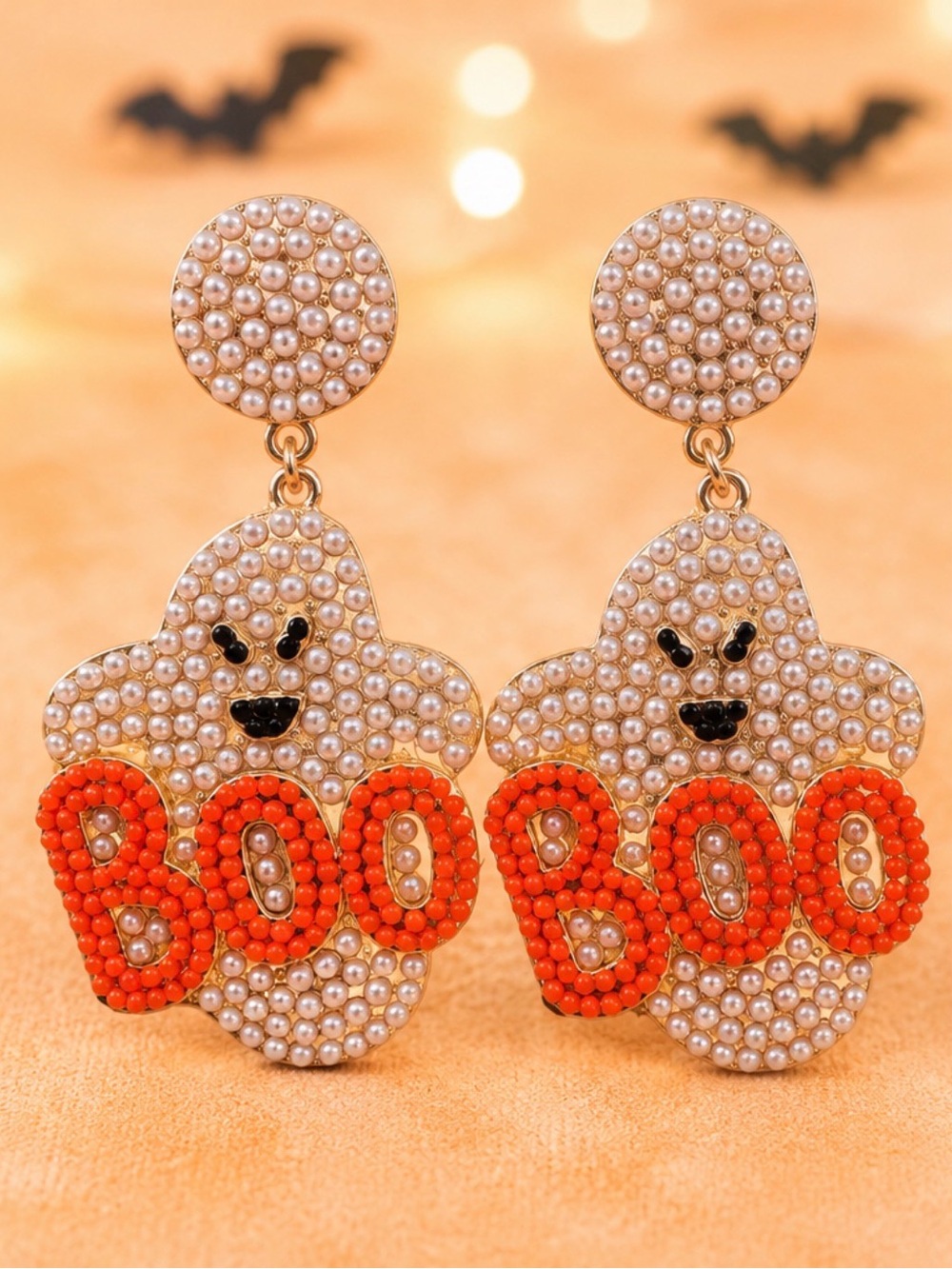 14K Gold-plated Pearl evil Ghost 'BOO' Drop Halloween Earrings-White & Orange